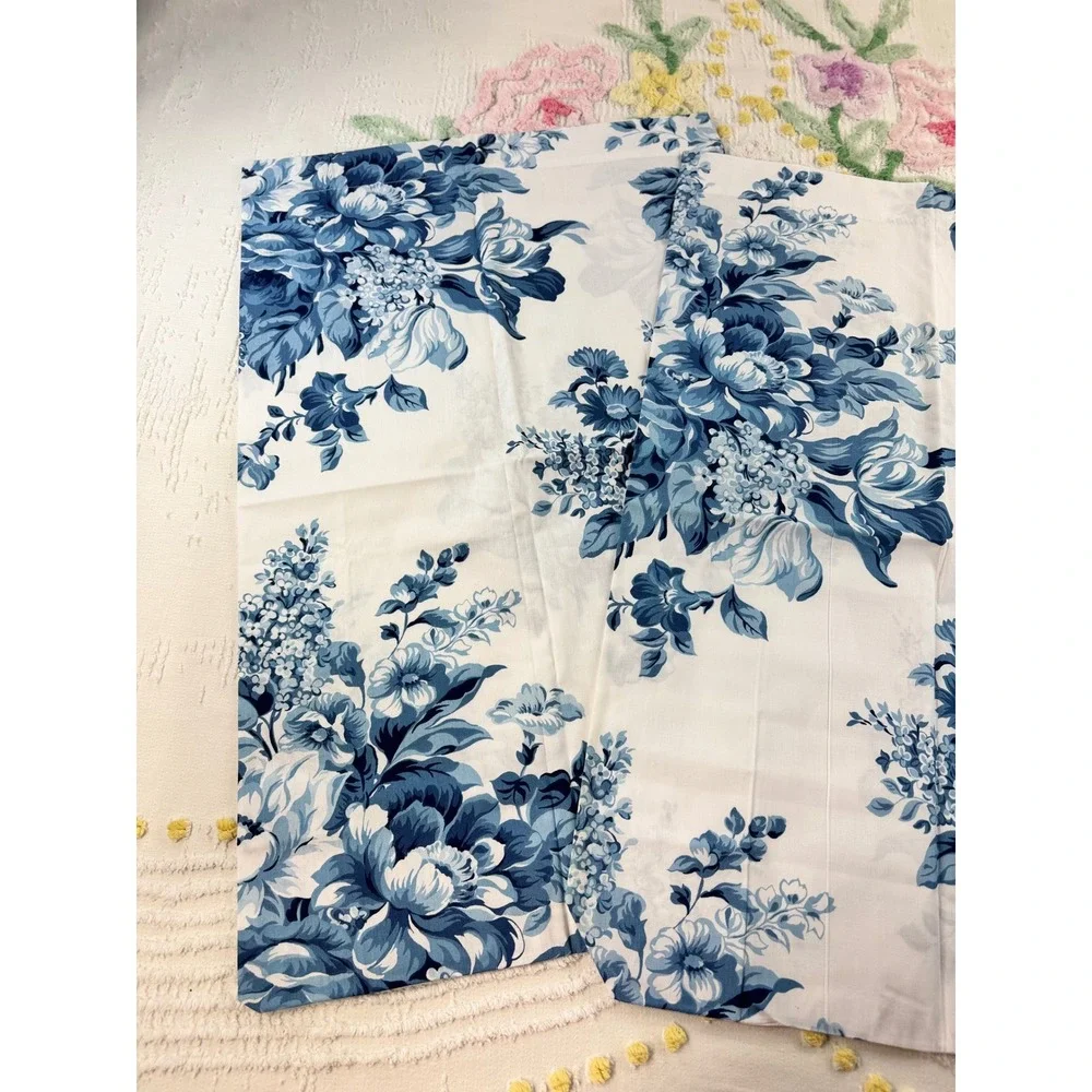 Vintage Blue White Floral Pillowcase Set of 2 Standard Cotton Blend Cottagecore